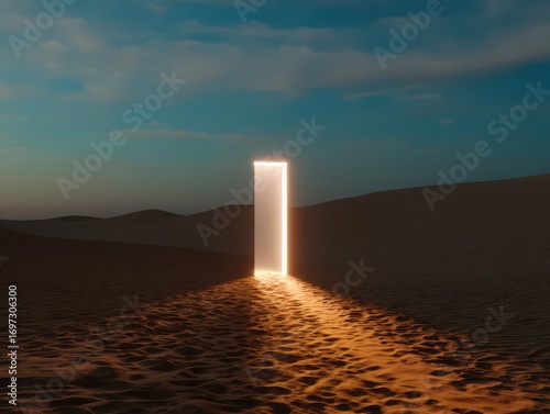 A glowing door stands in a desert landscape, casting light on the sandy terrain, evoking a sense of mystery and possibility.