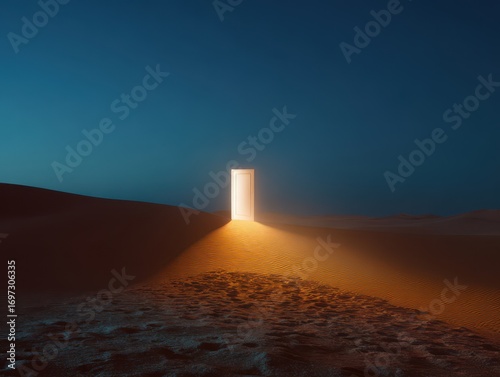A glowing door stands alone in a vast desert at dusk, creating a surreal and mysterious atmosphere.