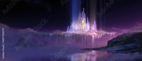A stunning fantasy landscape featuring a floating crystal city surrounded by vibrant colors and misty reflections on the water.