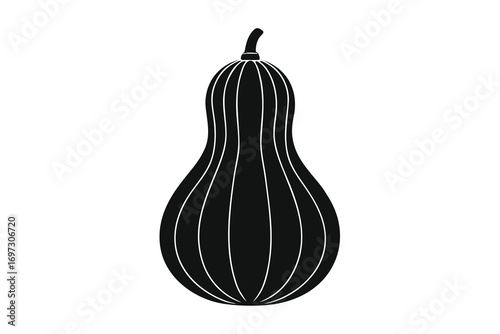 Simple black silhouette of a long butternut squash on a white background