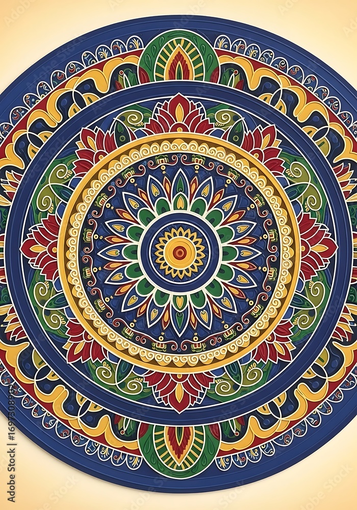 Fototapeta premium Intricate circular ornament with vibrant floral and paisley details