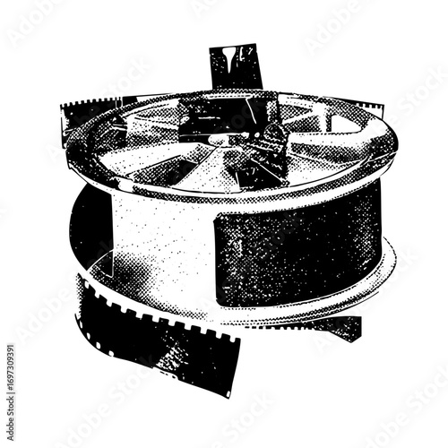 Vector Vintage film reel with exposed film strip.