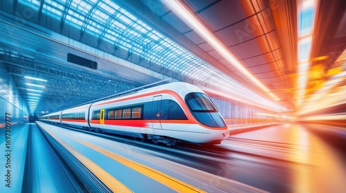Wallpaper Mural Modern high-speed train arriving at futuristic train station with dynamic motion blur and bright lighting effects du daytime Torontodigital.ca