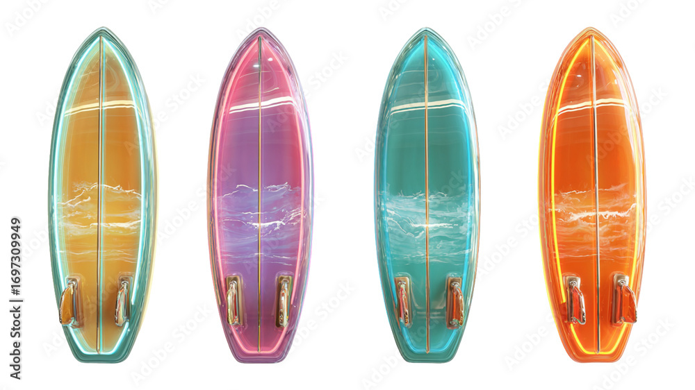 Fototapeta premium Colorful Surfboards Displayed with Vibrant Ocean Background