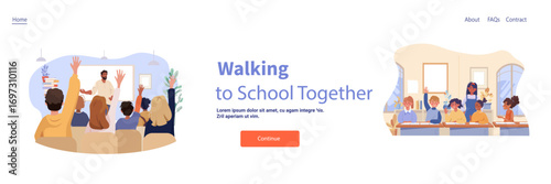 Students classroom learning teacher interaction education children raising hands diverse kids desks modern school interior website banner