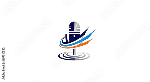 Dynamic logo featuring a microphone with swirling abstract elements, symbolizing sound and broadcast.