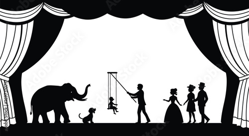 Vintage circus stage silhouette with elephant, dog, swing, child, audience, curtain, performers, retro theater scene, family entertainment vector.