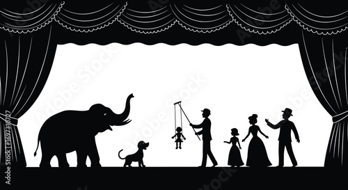 Vintage circus stage silhouette with animals, puppeteer, family, curtain backdrop, elephant, dog, puppet show, theatrical performance scene