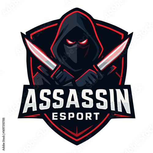 Assassin Esport Logo with Hooded Character Holding Swords