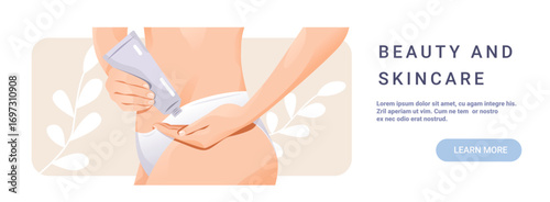 Woman applying body lotion skincare routine self-care hands holding cream tube soft pastel colors abstract leaf background web banner