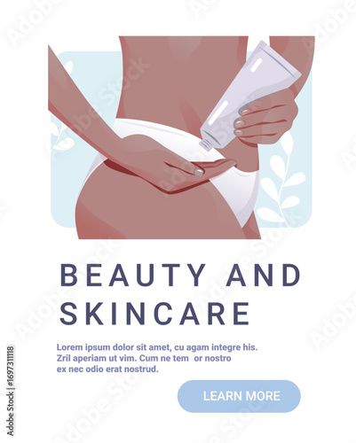 Beauty skincare body lotion application woman hand holding cream tube applying moisturizer to hip minimal background website banner