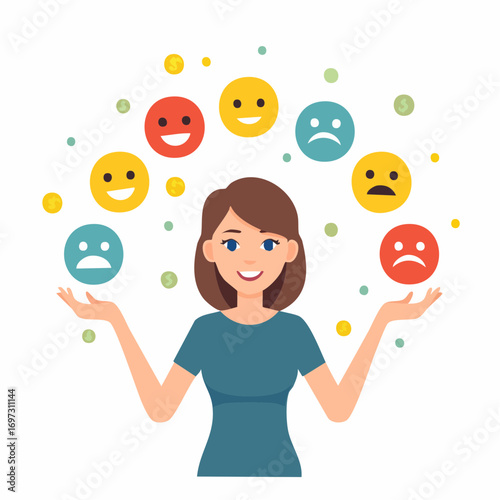 Flat vector of a person juggling emotions like anger, joy, sadness, and fear, expressive facial icons around them