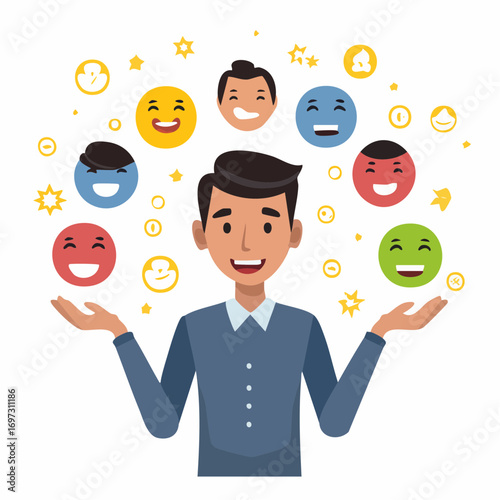 Flat vector of a person juggling emotions like anger, joy, sadness, and fear, expressive facial icons around them