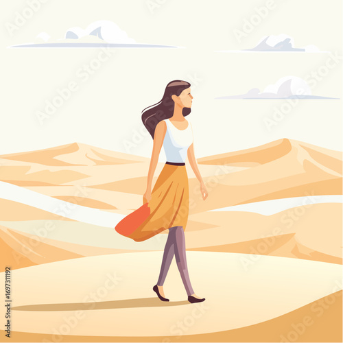 Vector art of a person walking alone in a vast desert, symbolizing loneliness and introspection, soft muted colors
