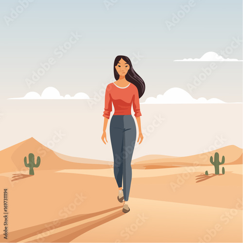Vector art of a person walking alone in a vast desert, symbolizing loneliness and introspection, soft muted colors