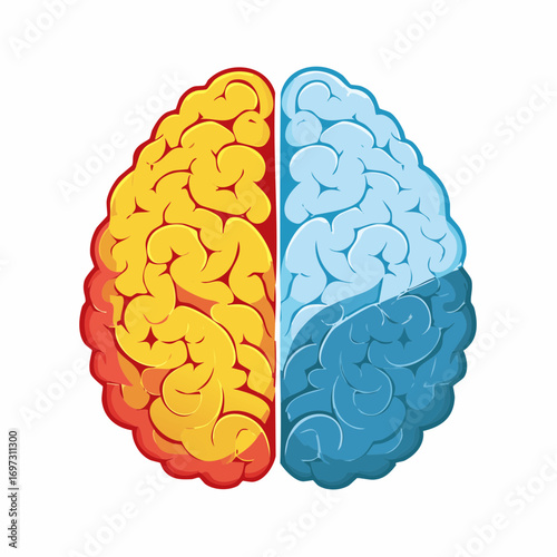 Surreal vector design of a brain split into two sides: one chaotic and stormy, the other calm and bright, symbolic contrast