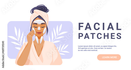 Woman applying facial patches skincare self-care beauty routine spa towel on head pastel background leaves modern banner template