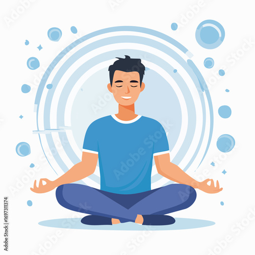 Flat vector concept of a person meditating with glowing aura, surrounded by calm waves and floating shapes