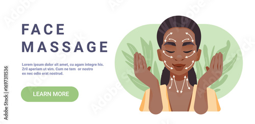 Face massage skincare routine woman relaxing self-care facial arrows natural background wellness concept website banner