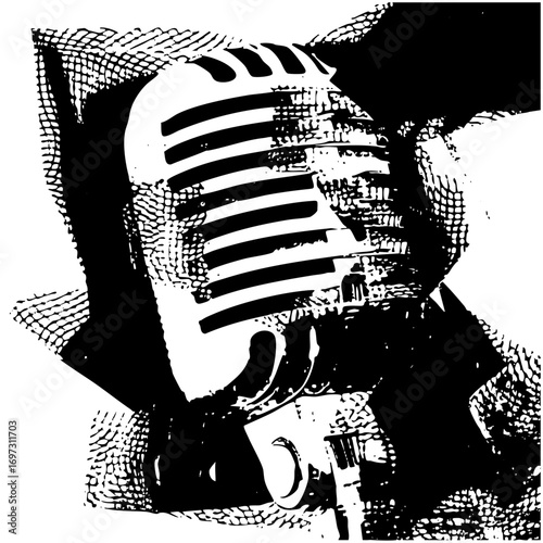 Vector Vintage microphone with a performers hands black and white .
