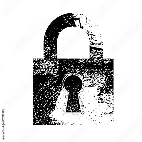 Vector Distressed black padlock with open shackle.