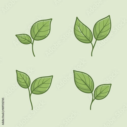 Four pairs of green leaves with dark green outlines and veins are arranged on a light green background, creating a natural and fresh aesthetic