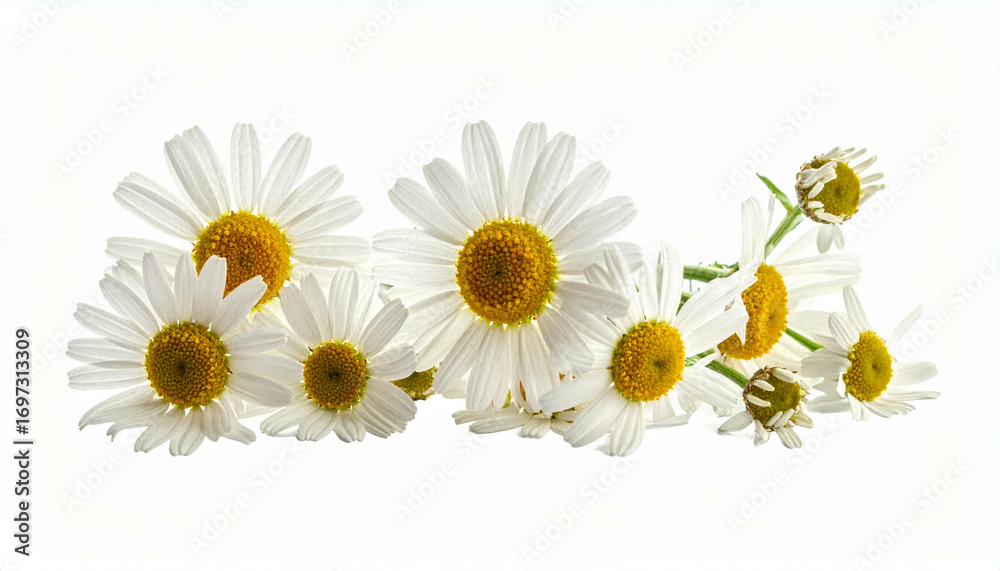 Obraz premium A cluster of delicate chamomile flowers, blossoms, and buds arranged against a stark white background.