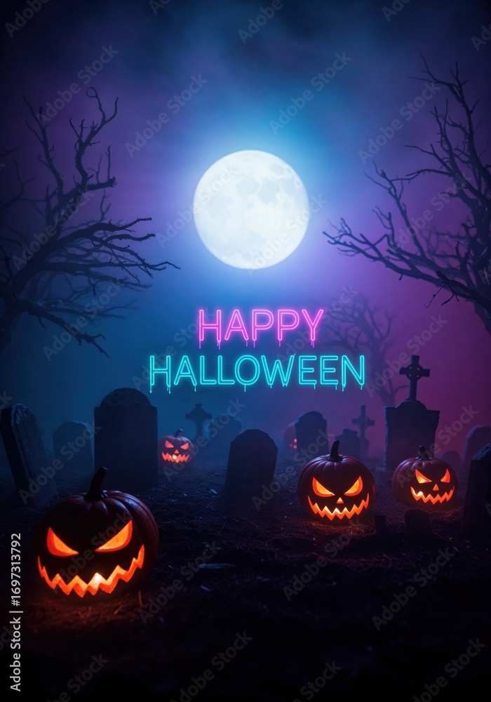 Fototapeta premium Spooky Halloween Scene: A captivating, eerily lit Halloween scene features jack-o'-lanterns, a full moon, and ominous tombstones. A visually striking and suspenseful backdrop.