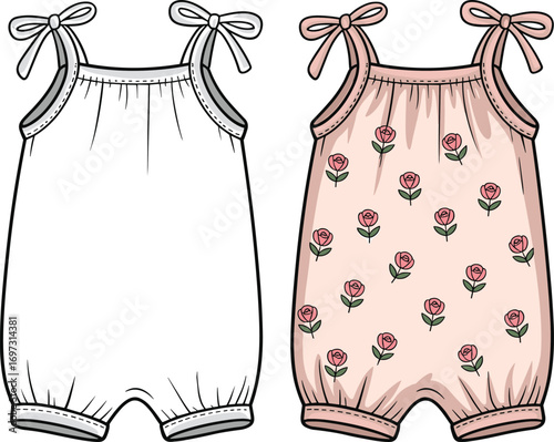 Baby romper flat sketch with bow straps and floral print design, infant clothing fashion template, toddler apparel technical drawing illustration