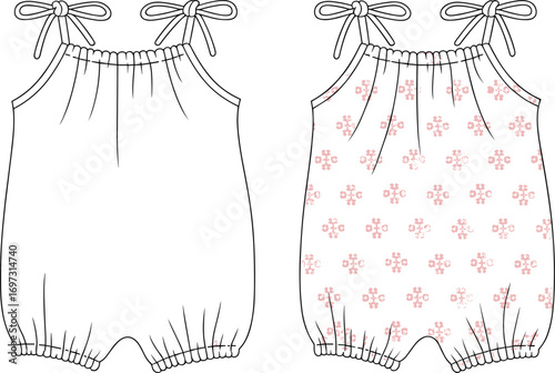 Baby romper flat sketch with bow tie straps and floral pattern, toddler outfit template, infant clothing fashion design vector illustration