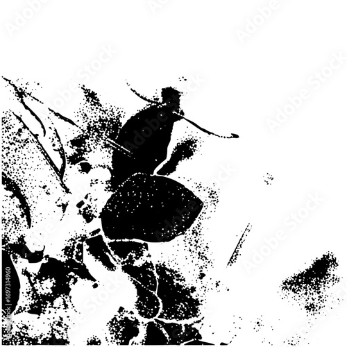 Vector Stylized warrior figure with spear stands amidst abstract shapes.
