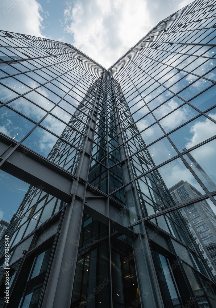 Obraz premium A low-angle shot of a modern glass skyscraper with a reflective facade, creating a symmetrical view that shows the building's lines and the clouds in the sky.