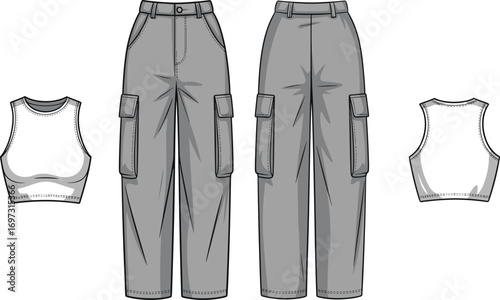 Fashion flat sketch of women cargo pants with pockets and crop tank top, front and back technical drawing apparel template illustration