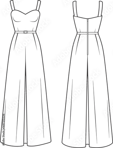 Fashion flat sketch of women jumpsuit with sweetheart neckline, belted waist, wide leg pants, front and back technical clothing template