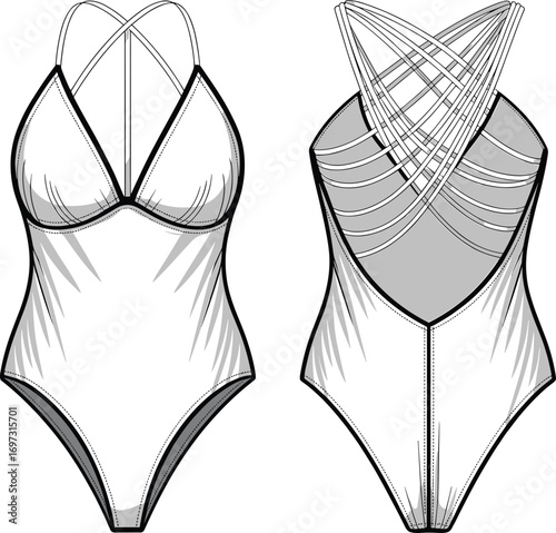 Fashion flat sketch of women one piece swimsuit design, layered crisscross straps back swimwear, front and back technical apparel drawing