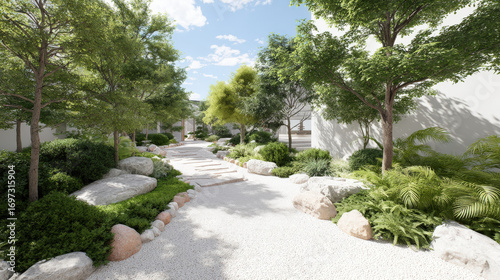 beautifully designed garden pathway integrates augmented reality meditation routes guiding users through serene
