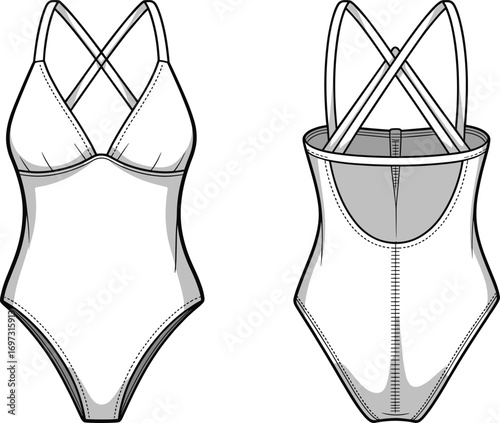 Fashion flat sketch of women swimsuit, one piece swimwear design, crisscross straps, front and back technical drawing for apparel illustration