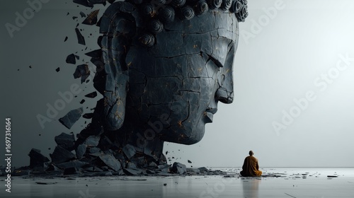 Artificial Intelligence and mindfulness concept with a monk meditating before a fragmented digital Buddha statue