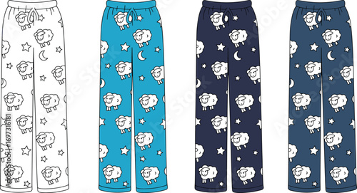 Sheep print pajama pants flat sketch with moon and star pattern, kids nightwear loungewear sleepwear fashion design template illustration