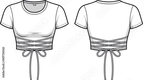 Women crop top fashion flat sketch with front and back view, short sleeve lace-up design, modern apparel clothing illustration