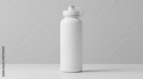 White reusable sports water bottle mockup on a clean minimalist background.