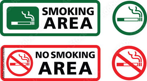 Smoking area and no smoking sign icon set in green and red color