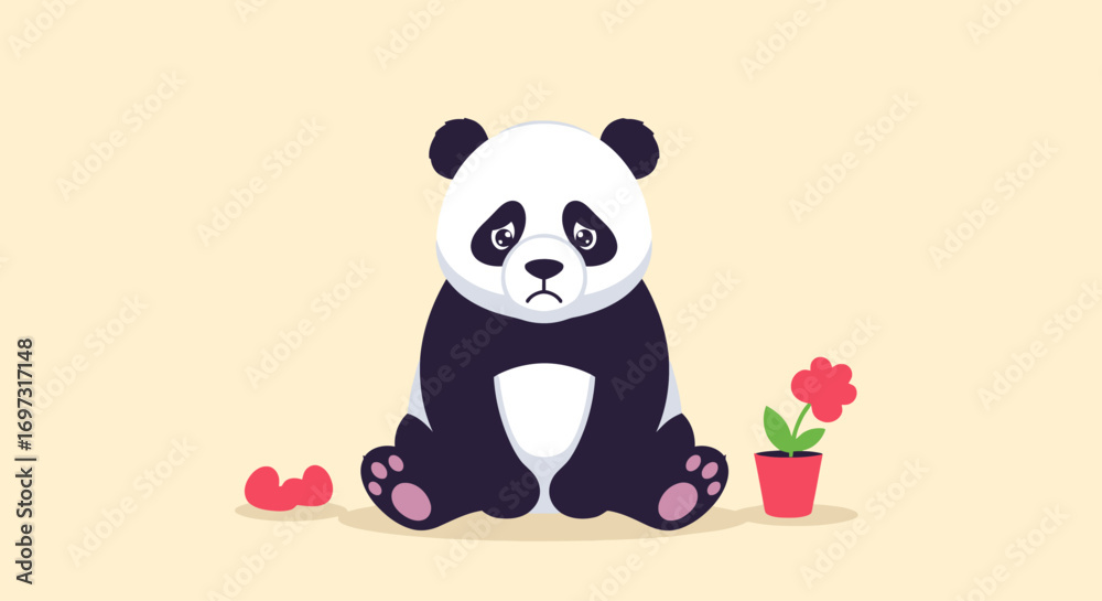 Fototapeta premium Sad Panda Bear Illustration with Drooping Flower in a Pot for Children's Books and Environmental Awareness Campaigns