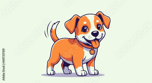 Adorable Cartoon Dog Character Illustration Featuring Playful Expression and Wagging Tail, Suitable for Children's Books, Educational Materials, and Pet-Themed Designs