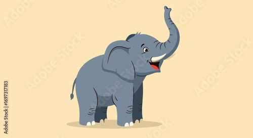 Cheerful Cartoon Elephant Illustration Featuring Upward Trunk and Happy Expression for Children's Educational Materials and Wildlife Awareness Campaigns