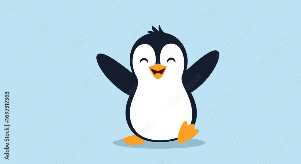 Naklejka premium Adorable Penguin Cartoon Character with Open Arms and Happy Expression. Ideal for children's illustrations, educational materials, and cheerful greeting cards.