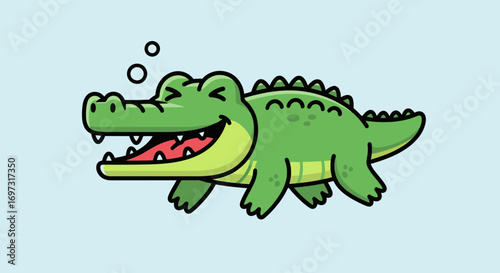 Playful Green Alligator Cartoon Illustration with Happy Expression and Bubbles, Perfect for Children's Books or Educational Materials.