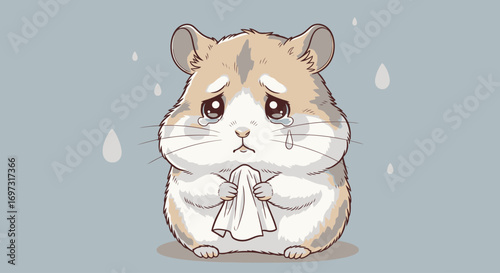 Crying Hamster Cartoon Illustration with Tearful Expression and Handkerchief for Expressing Sadness or Empathy in Digital Content