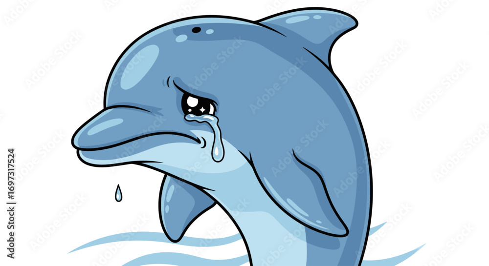 Naklejka premium Cartoon Dolphin Crying with Tears Running Down its Face, Expressing Sadness, Loneliness, or Grief for Use in Children's Books and Educational Materials