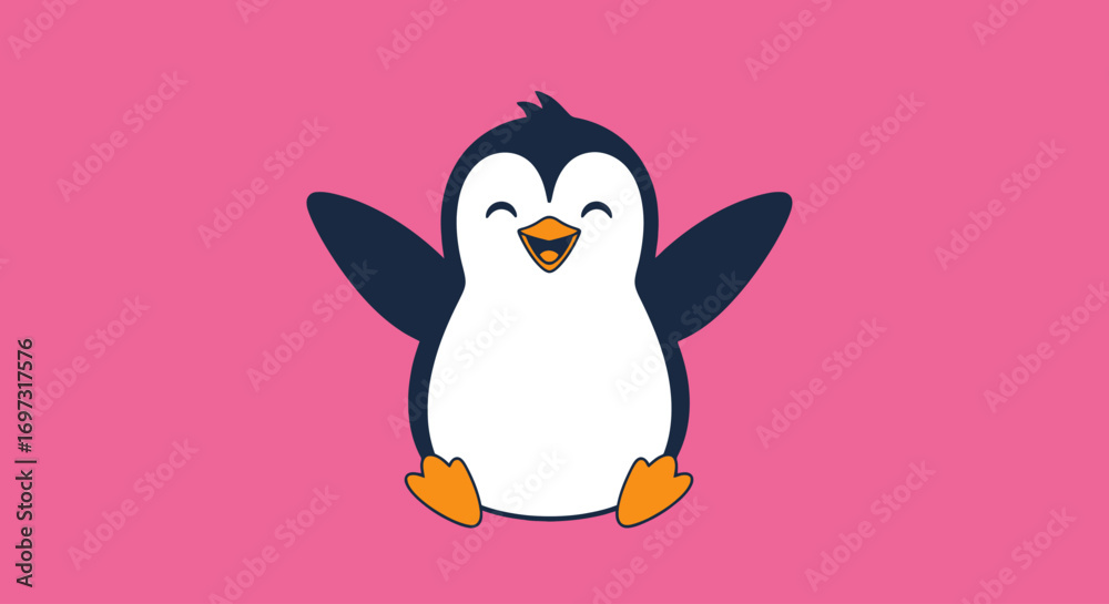 Obraz premium Cheerful penguin illustration with open arms and joyful expression on a pink background. Ideal for children's books, educational resources, and greeting cards.